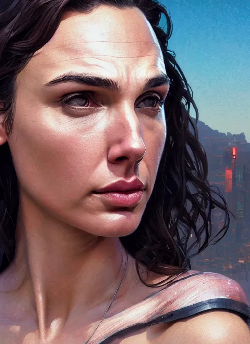 Image similar to Highly detailed portrait of Gal Gadot, in GTA V, Stephen Bliss, unreal engine, fantasy art by Greg Rutkowski, Loish, Rhads, ferdinand knab, Makoto Shinkai and Lois van baarle, ilya kuvshinov, rossdraws, Tom Bagshaw, alphonse mucha, global illumination, radiant light, detailed and intricate environment