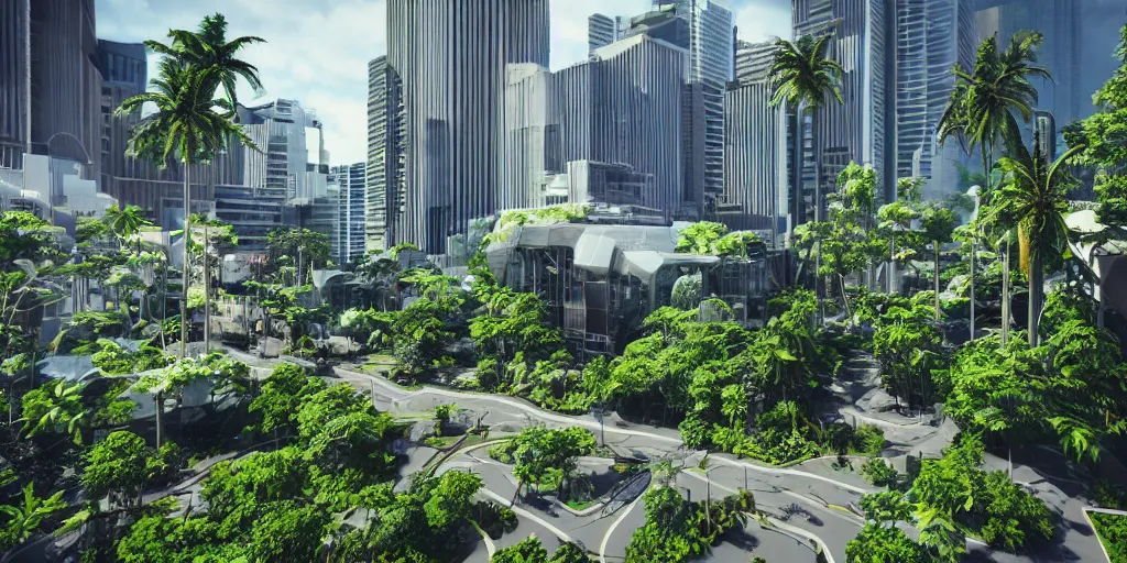 Prompt: Portland as Neo-Hawaii in the year 2055, futuristic, lush vegetation, white concrete, beautiful, detailed