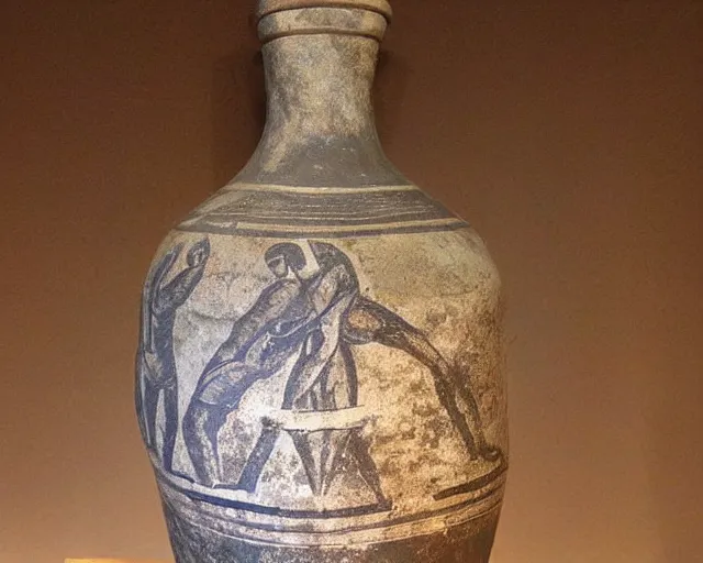 Prompt: a beautiful, ancient, iron made greek amphora container, museum item, with drawings of crossfit games h 1 0 2 4