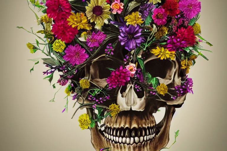 Prompt: human skull made of flowers with flowers in its eyes, artstation, illustration, hd, hq, high resolution, high detail, 4 k, 8 k