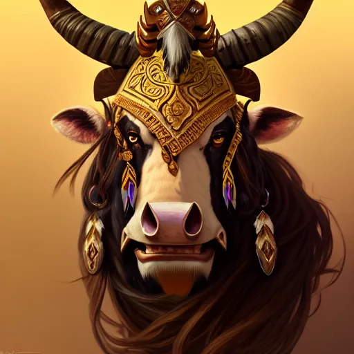 Image similar to Portrait of a Tauren chieftan, golden accents, face, fantasy, intricate, elegant, highly detailed, digital painting, artstation, concept art, smooth, sharp focus, illustration, art by Wei Fan and Fernanda Suarez and Artem Demura and alphonse mucha