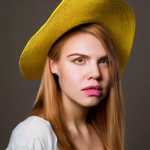 Image similar to portrait of 2 0 - year - old woman with angle lost profile looking away, cinematic colors, medium yellow blond hair, character with a hat, hair comes out of the hat a little