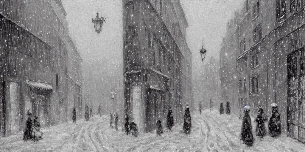 Image similar to an alley in paris in winter, snowing, christmas night, 1 9 1 0