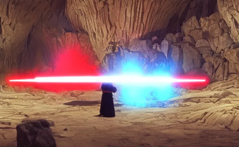 Image similar to screenshot of a crystal cave red gemstones, jedi master Luke Skywalker stands in the center of the red cave with his blue lightsaber, iconic scene from the 1970s thriller film directed by Stanely Kubrick film, color kodak, ektochrome, anamorphic lenses, detailed faces, moody cinematography