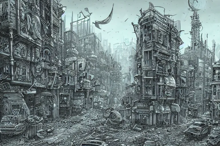 Prompt: a drawing of a post apocalyptic city street by Joe Fenton