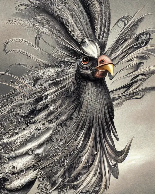 Prompt: digital painting of an angry and ominous mechanical rooster, by wayne barlowe and bob pepper and salvador dali, dieselpunk, highly detailed, intricate, sharp focus, portrait, talons, anatomy, beak, wings