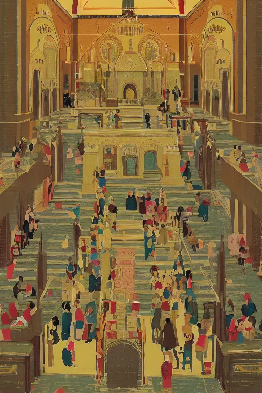 Image similar to scene from wes anderson orthodox cathedral building by helen lundeberg