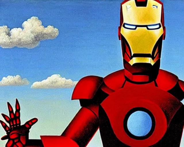 Prompt: a Magritte painting of Iron Man (2008)