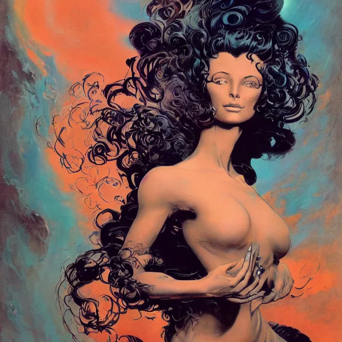 Image similar to portrait of a woman with swirling hair and fractal skin by frank frazetta, retrofuturism, psychedelic art reimagined by industrial light and magic