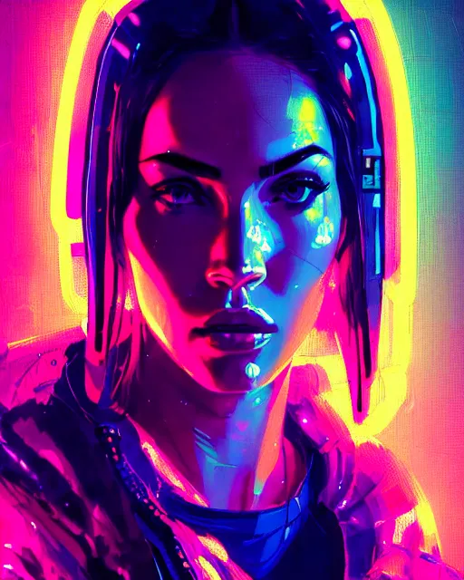 Image similar to detailed portrait Megan Fox Neon Operator Girl, cyberpunk futuristic neon, reflective puffy coat, decorated with traditional Japanese ornaments by Ismail inceoglu dragan bibin hans thoma greg rutkowski Alexandros Pyromallis Nekro Rene Maritte Illustrated, Perfect face, fine details, realistic shaded, fine-face, pretty face