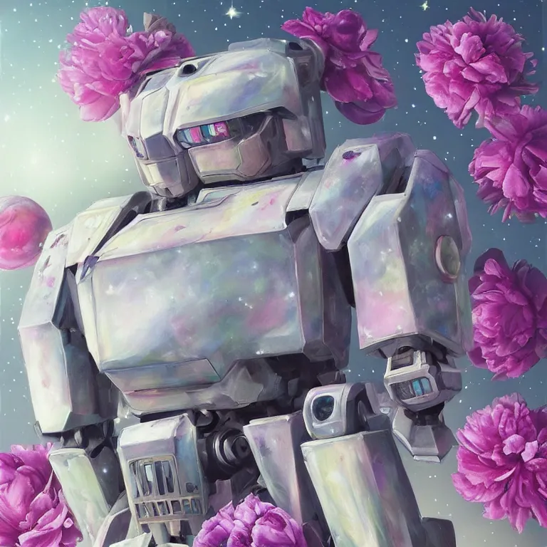 Prompt: A beautiful oil painting hyperrealism of armored mecha cyber drinks a magical bubble tea in a constellation of peonies, digital art