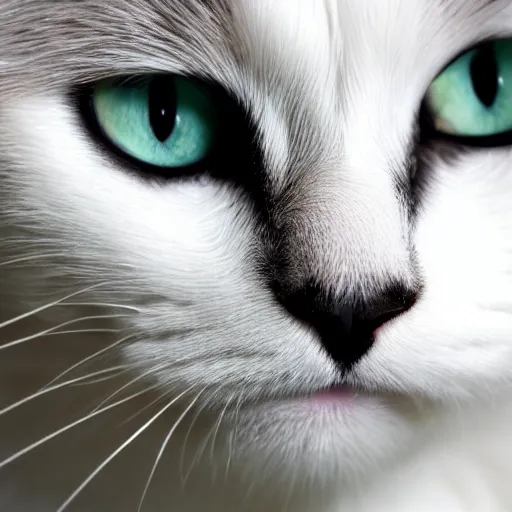 Image similar to cat closeup of nose, white ragdoll with full grey colouring and a thin white blaze down across the nose