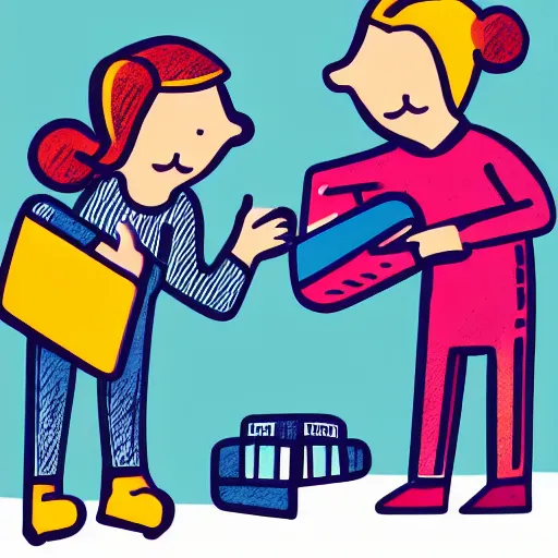 Prompt: two happy people exchanging items with each other, illustration, clean, modern