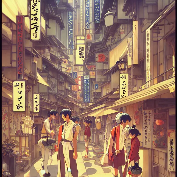 Image similar to japanese big city, summer, in the style of studio ghibli, j. c. leyendecker, greg rutkowski, artem