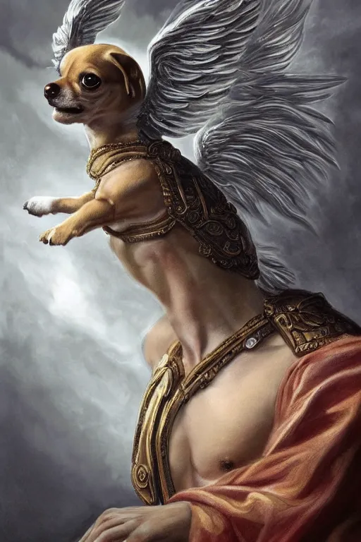 Prompt: a Chihuahua as god with a radiant halo and wings, detailed face, gorgeous, flowing hair, very muscular male body, partial anatomy, stormy and grand war scene, delicate and intricate borders for decoration, caesar victorious, proud Emperor, split lighting, character close-up, intricate, highly detailed, 8K, digital painting, fantasy, concept art, sharp focus, art by greg rutkowski beeple and alphonse mucha