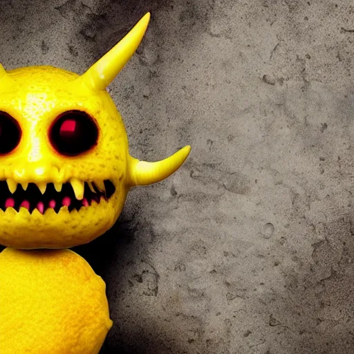 Prompt: Lemon Demon, a yellow lemon with black eyes, sharp teeth and red demon horns