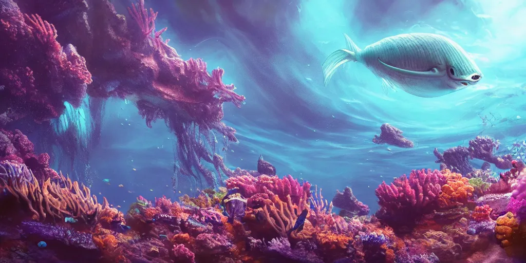 Image similar to photo of an alien fish swimming an alien habitable underwater planet, coral reefs, dream-like atmosphere, water, plants, peaceful, serenity, calm ocean, tansparent water, reefs, fish, coral, inner peace, awareness, silence, nature, evolution, wide angle, super highly detailed, professional digital painting, artstation, concept art, smooth, sharp focus, no blur, no dof, extreme illustration, Unreal Engine 5, Photorealism, HD quality, 8k resolution, cinema 4d, 3D, beautiful, cinematic, art by artgerm and greg rutkowski and alphonse mucha and loish and WLOP