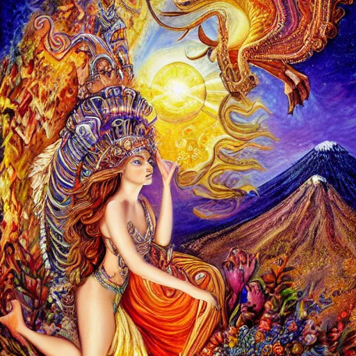 Image similar to a painting by josephine wall depicting aires as a goddess large ram horns, checking her cell phone, erupting volcano and sunrise in distance in background, flowers in foreground, acrylic on canvas, intricately detailed, highly detailed, high resolution, hd, 8 k, wallpaper, trending on artstation, zodiac, fantasy