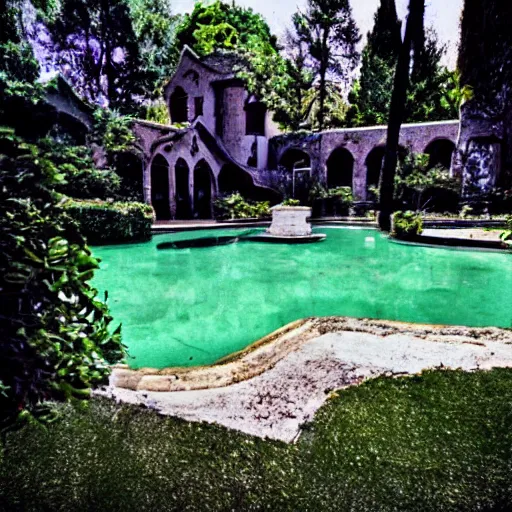 Image similar to the Playboy mansion's grotto abandoned, the pool is drained and covered with algae and weeds growing through cracks, the heat is oppressive. Lomo style.