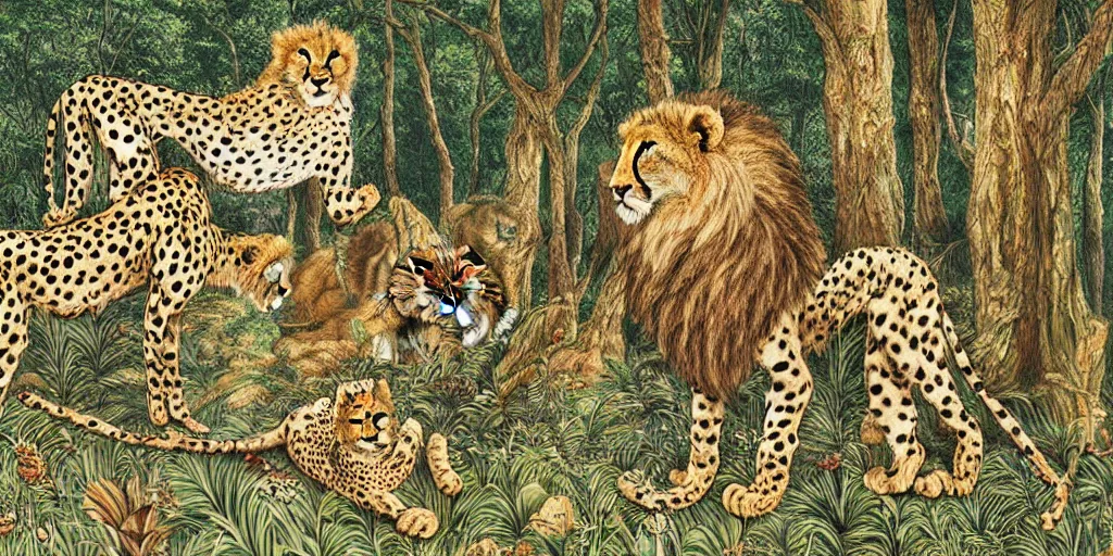 Prompt: cheetah and lion celebrating birthday in fairytale forest , huge scale, high detail, intricate by Jonathan Bentley