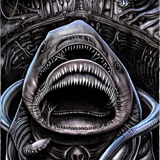 Image similar to giger illustration of a shark, Alien mouth