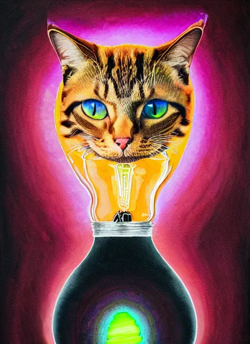 Image similar to portrait of a cat's head inside an upside down light bulb, modern fine art, intricate, elegant, subsurface scattering, highly detailed pop art painting, organic acrylic flow art, psychedelic fractal art, acrylic art, watercolor, featured on deviantart