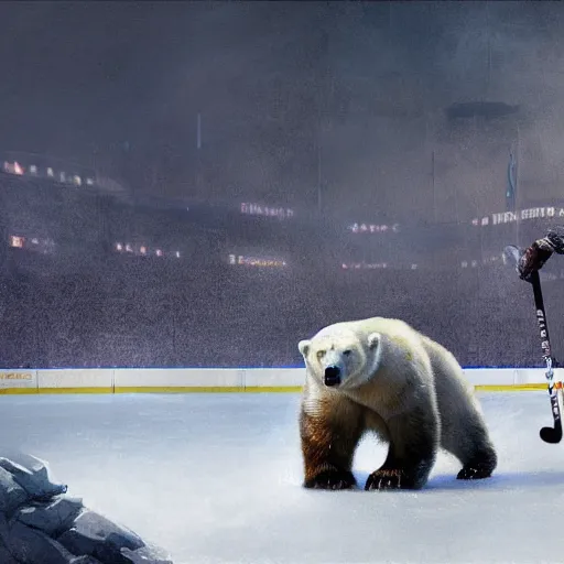 Prompt: polar bear playing hockey at stanley cup, intricate, sharp focus, illustration, highly detailed, digital painting, concept art, matte, art by ruan jia and wlop and greg rutkowski, masterpiece