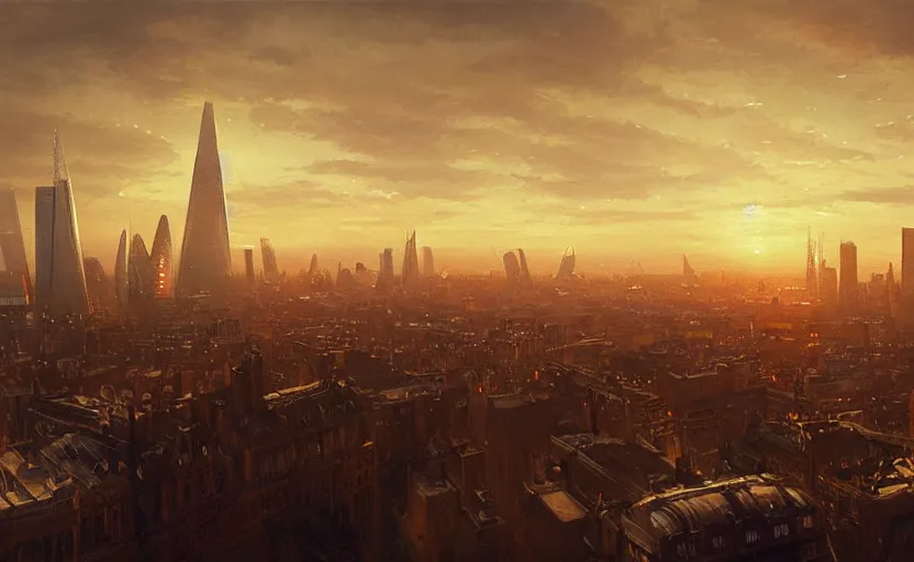 Prompt: painting of skyline of london at sunset, natural light, concept art, by greg rutkowski, cozy atmospheric and cinematic lighting