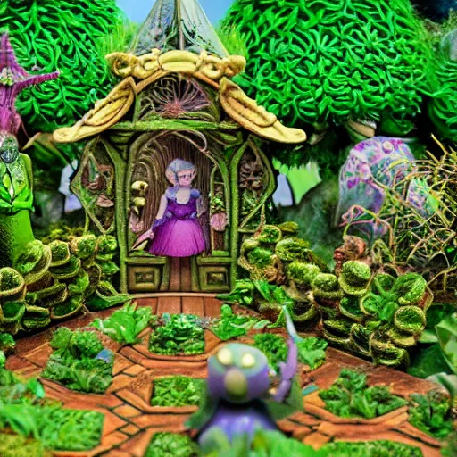 Image similar to intricate detailed Garden, Green Witch Walking her Garden, magical garden plant creatures, enchanted, life like plants, In style of 1992 X-Men: The Animated Series, high detail