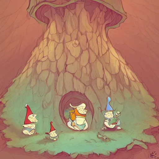Image similar to a family of gnomes living inside a hollow in a tree, illustration by kerascoet, dynamic lighting