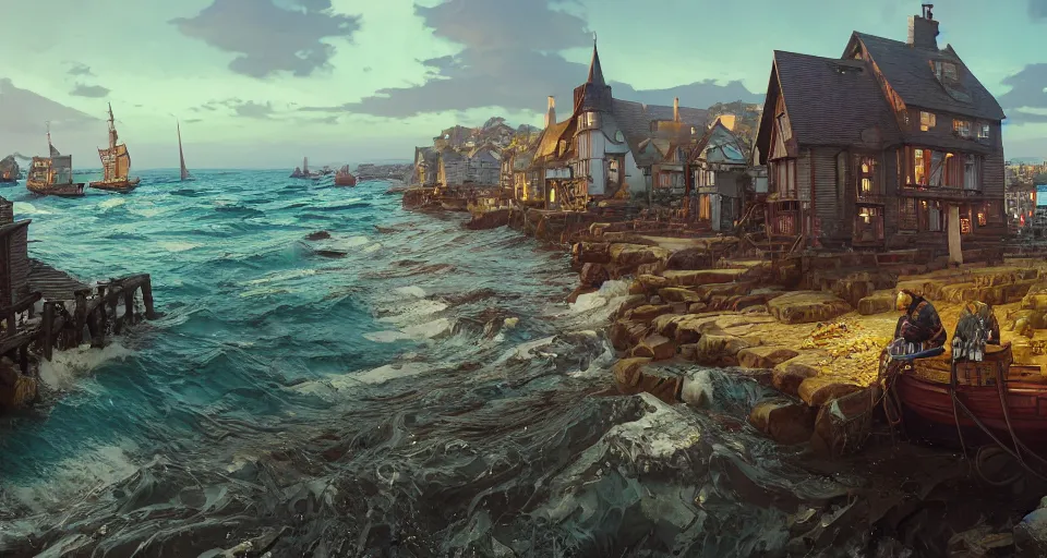 Prompt: highly detailed victorian cornish fishing village, stephen bliss, unreal engine, greg rutkowski, loish, rhads, beeple, makoto shinkai and lois van baarle, ilya kuvshinov, rossdraws, tom bagshaw, tom whalen, alphonse mucha, global illumination, god rays, detailed and intricate environment