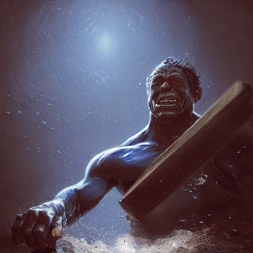 Image similar to artstation concept a midnight blue hulk jolding a meat cleaver, dusty, hyperdetailed, artstation trending, world renowned artists, worth 1 0 0 0. com, historic artworks society, antique renewel, cgsociety, by greg rutkowski, by gustave dore, deviantart