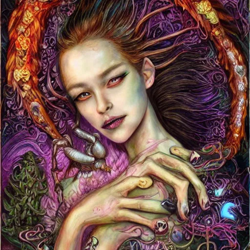 Image similar to portrait of a scorpion fairy, fantasy, magic realism, whimsical, horror, art by josephine wall and and hr geiger and chengwei pan and amanda sage, intricately detailed, highly detailed, luxurious, elegant, clean, unsettling, trending on artstation