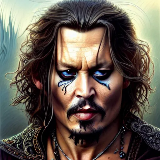 Image similar to wideangle!! portrait shot johnny depp dressed as aragorn, intricate, elegant, highly detailed, centered, digital painting, artstation, concept art, smooth, sharp focus, illustration, artgerm, tomasz alen kopera, peter mohrbacher, donato giancola, joseph christian leyendecker, wlop, boris vallejo