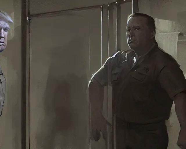 Image similar to Alex Jones standing beside donald trump in a prison jail cell, craig mullins, octane