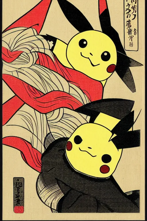 Image similar to Pikachu Pokemon, Japanese ukiyo-e ukiyo-ye woodblock print, by Moronobu