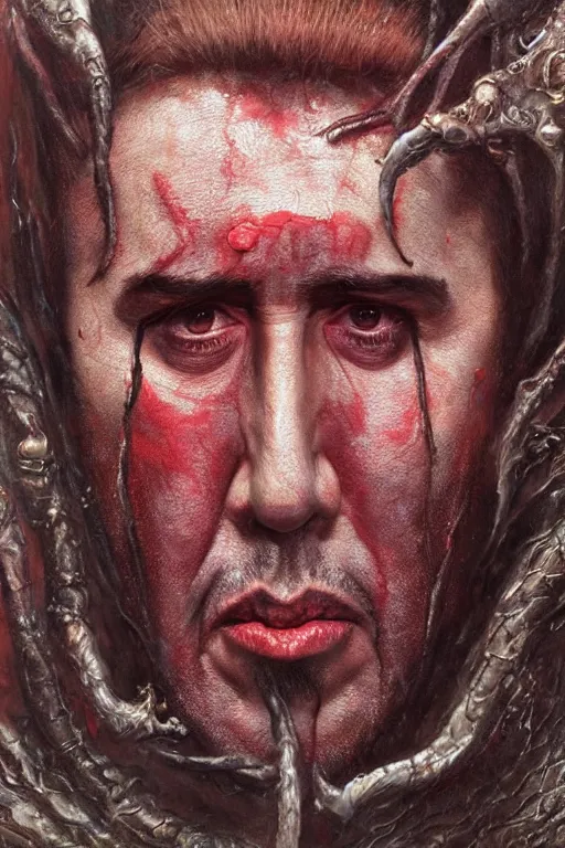 Image similar to Many faces of Nicolas Cage which crawls under the hood of distorted creature, dark fantasy, intricate, red, highly detailed, smooth, artstation, painted by Wayne Barlowe, Greg Rutkowski, zdislav beksinski, Francis Bacon