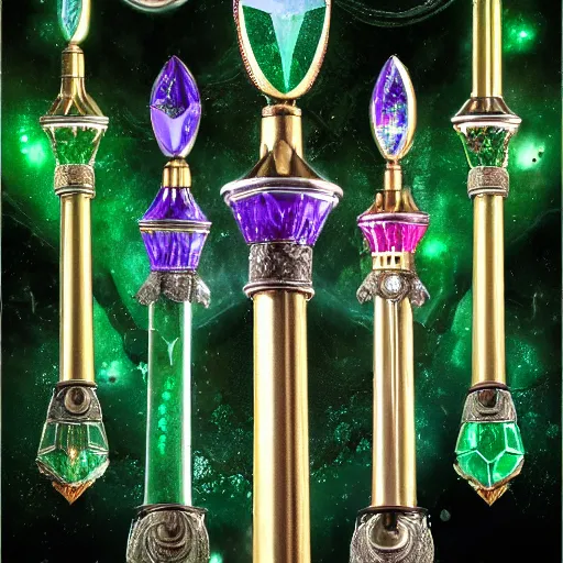 Image similar to full view of fantasy magical staff with emerald in the middle, high detail, fantasy art, concept art, 4 k, ultra detail, computer art