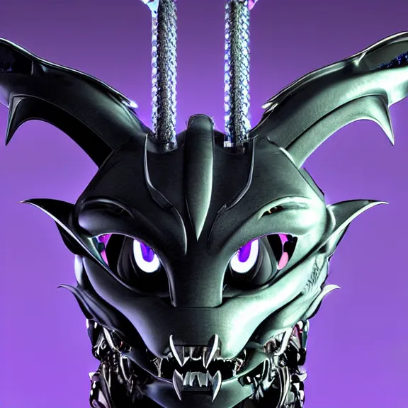 Image similar to digital art close up headshot of a cute beautiful stunning robot anthropomorphic female dragon with metal cat ears, with sleek silver metal armor, purple flesh, glowing OLED visor, facing the camera, high quality maw open and about to eat you, you being dragon food, the open maw being detailed and soft, sharp teeth, soft lulling tongue, highly detailed digital art, furry art, anthro art, sci fi, warframe art, destiny art, high quality, 3D realistic, dragon mawshot, maw art, furry mawshot, macro art, dragon art, Furaffinity, Deviantart