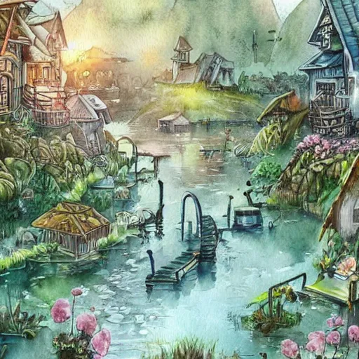 Prompt: Beautiful happy picturesque charming sci-fi village in harmony with nature. Beautiful light. Water and plants. Nice colour scheme, soft warm colour. Beautiful detailed watercolor by Lurid. (2022)