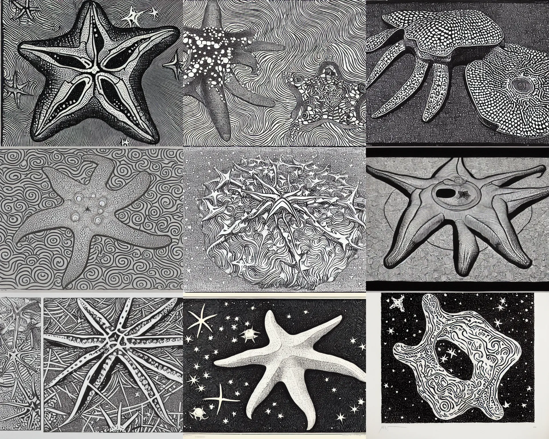 Prompt: a starfish floating in outer space, drawn by m. c. escher and damien hirst and gustav klimt. woodblock, monochrome, ink, 3 d, lithograph