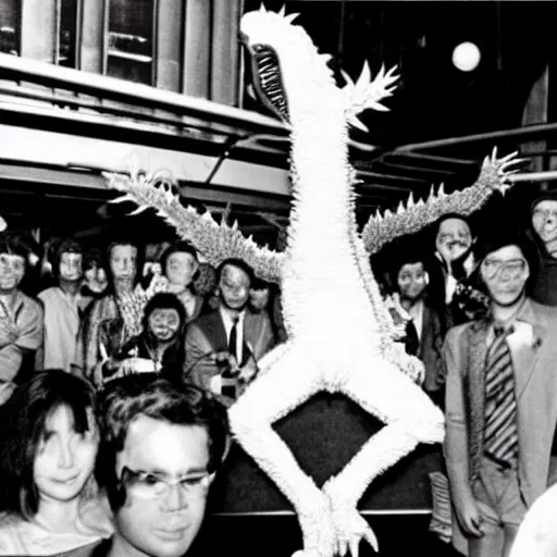 Prompt: extremely realistic toho godzilla partying at studio 5 4 b & w grainy photograph lots of celebrities including andy warhol