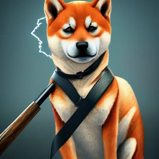 Image similar to police shiba inu holding a baseball bat on his hand, cinematic lightning, 4 k, ultra detailed, trending on artstation, masterpiece, digital art.