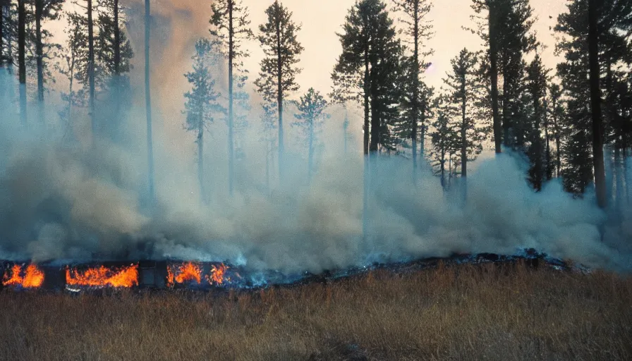 Image similar to 1 9 7 0 s movie still of a burning house in a pine forest, cinestill 8 0 0 t 3 5 mm, high quality, heavy grain, high detail, texture, dramatic light, ultra wide lens, panoramic anamorphic, hyperrealistic,