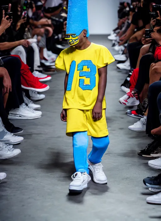 Image similar to hyperrealistic and heavy detailed air jordan runway show of bart simpson, leica sl 2 5 0 mm, vivid color, high quality, high textured, real life