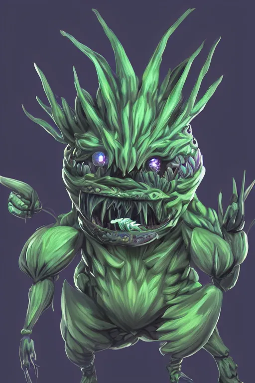 Image similar to a humanoid figure artichoke monster with large sphere eyes and a voracious mouth, highly detailed, digital art, sharp focus, trending on art station, plant, anime art style