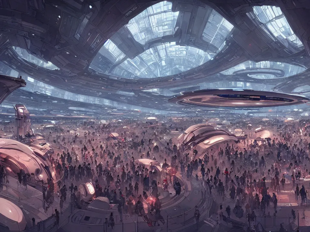 Image similar to the interior of a futuristic spaceport, large crowd of people, by kim jung gi and greg rutkowski, rule of thirds