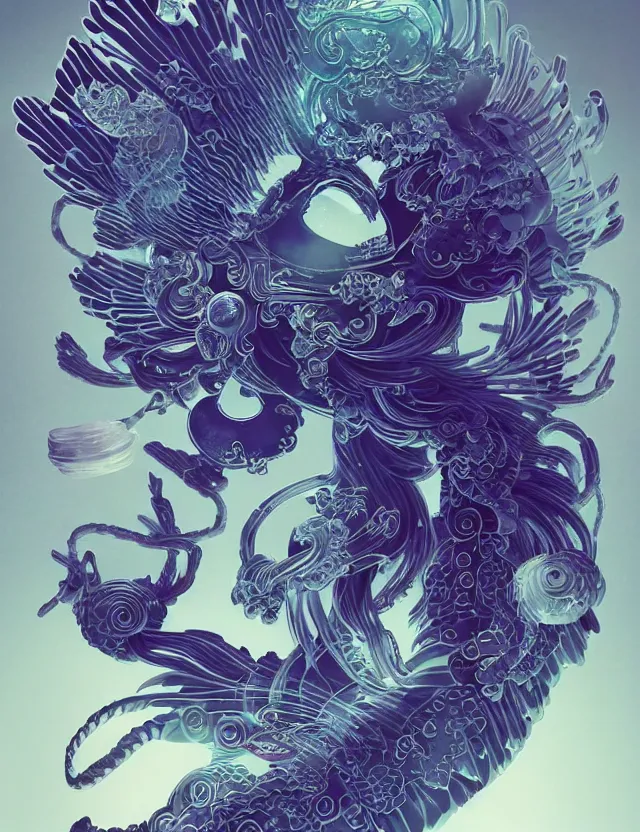 Image similar to simple coherent artwork. 3 d goddess close - up 3 / 4 portrait with ram skull. beautiful intricately detailed japanese crow kitsune mask and clasical japanese kimono. betta fish, jellyfish phoenix, bio luminescent, plasma, ice, water, wind, creature, artwork by tooth wu and wlop and beeple and greg rutkowski