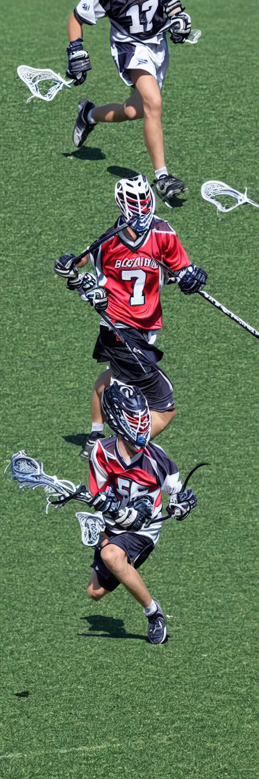 Image similar to lacrosse player, soccer field, cascade helmet, realistic, running, very detailed, 8k, high resolution, ultra realistic, no grain, symmetry, normal proportions, sports illustrated style, Cascade XRS Custom Lacrosse Helmet, brine lacrosse stick, Brine Lacrosse King V Gloves, normal feet, Nike Alpha Huarache 7 Elite, STX Surgeon 700 Lacrosse Arm Guards