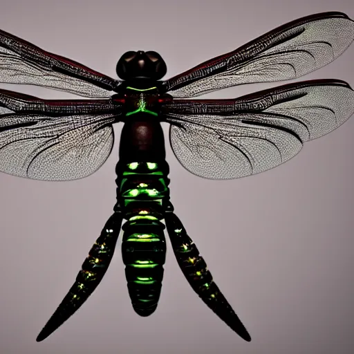 Prompt: Beautiful octane render of intricate dragonfly, sharp focus, symmetrical composition, 8k, volumetric lighting, on black background